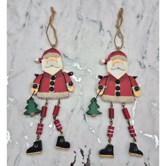 Lot of 2 Rustic Old Fashion Wooden Santa Claus Ornaments Dangle Legs Large 6.5" - Picture 1 of 8